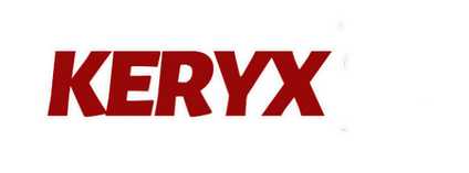 Logotipo da Keryx Publicações com fundo de livros. O logotipo apresenta o nome 'Keryx' em letras maiúsculas vermelhas, com a palavra 'Publicações' abaixo em letras brancas. À direita, há uma pilha de livros coloridos.