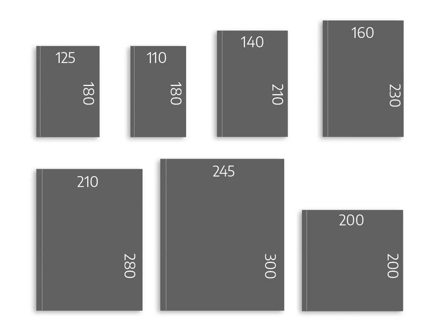 Imagem mostrando diferentes tamanhos de livros representados como retângulos cinza com dimensões indicadas em milímetros. 