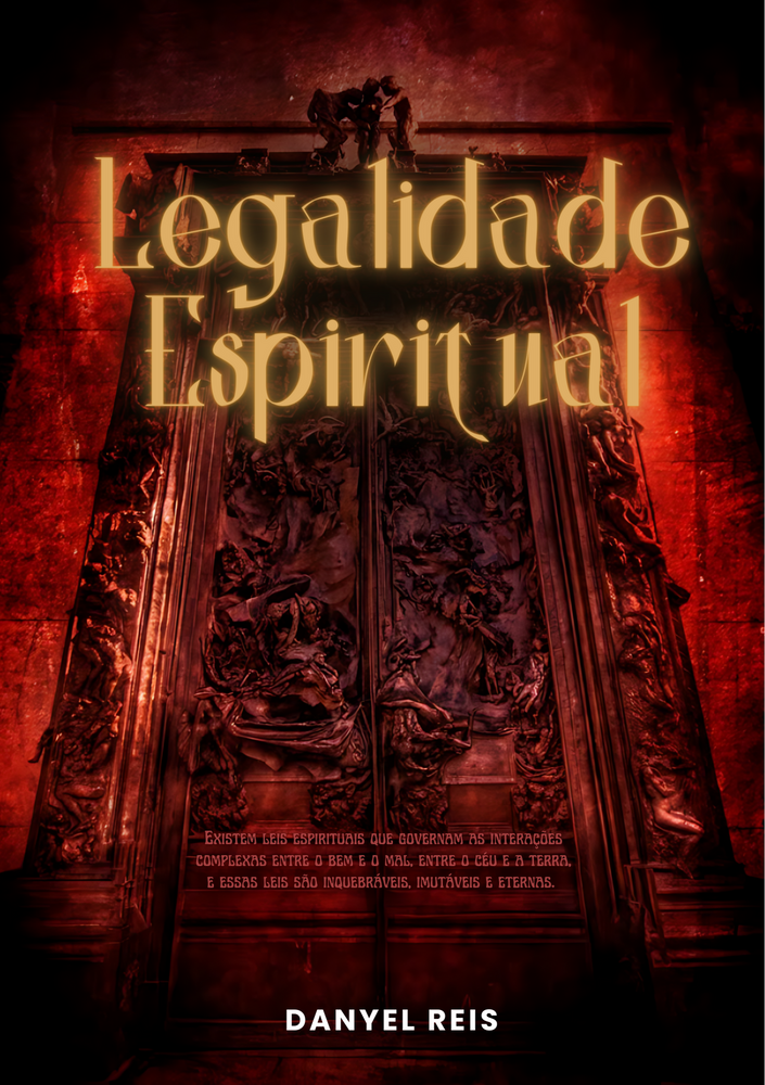 Capa do livro 'Legalidade Espiritual' de Danyel Reis. A imagem mostra uma porta ornamentada com um fundo vermelho escuro. O título está no centro em letras iluminadas e o nome do autor na parte inferior.