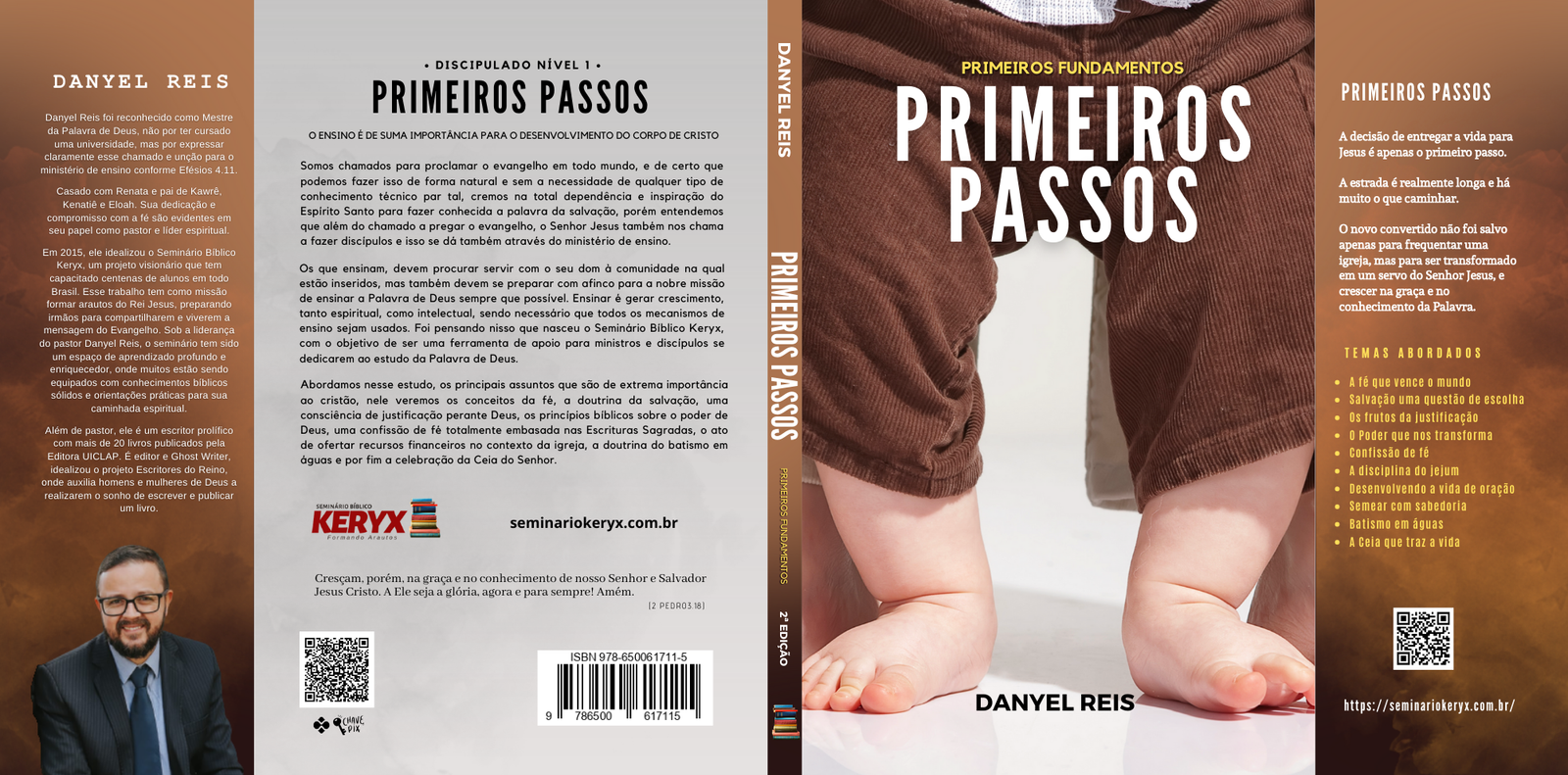 Capa do livro 'Primeiros Passos' de Danyel Reis. A imagem central mostra pés de bebê. A contracapa inclui a biografia do autor, o logotipo da Keryx Publicações e informações sobre o livro. A lombada contém o título e o nome do autor.