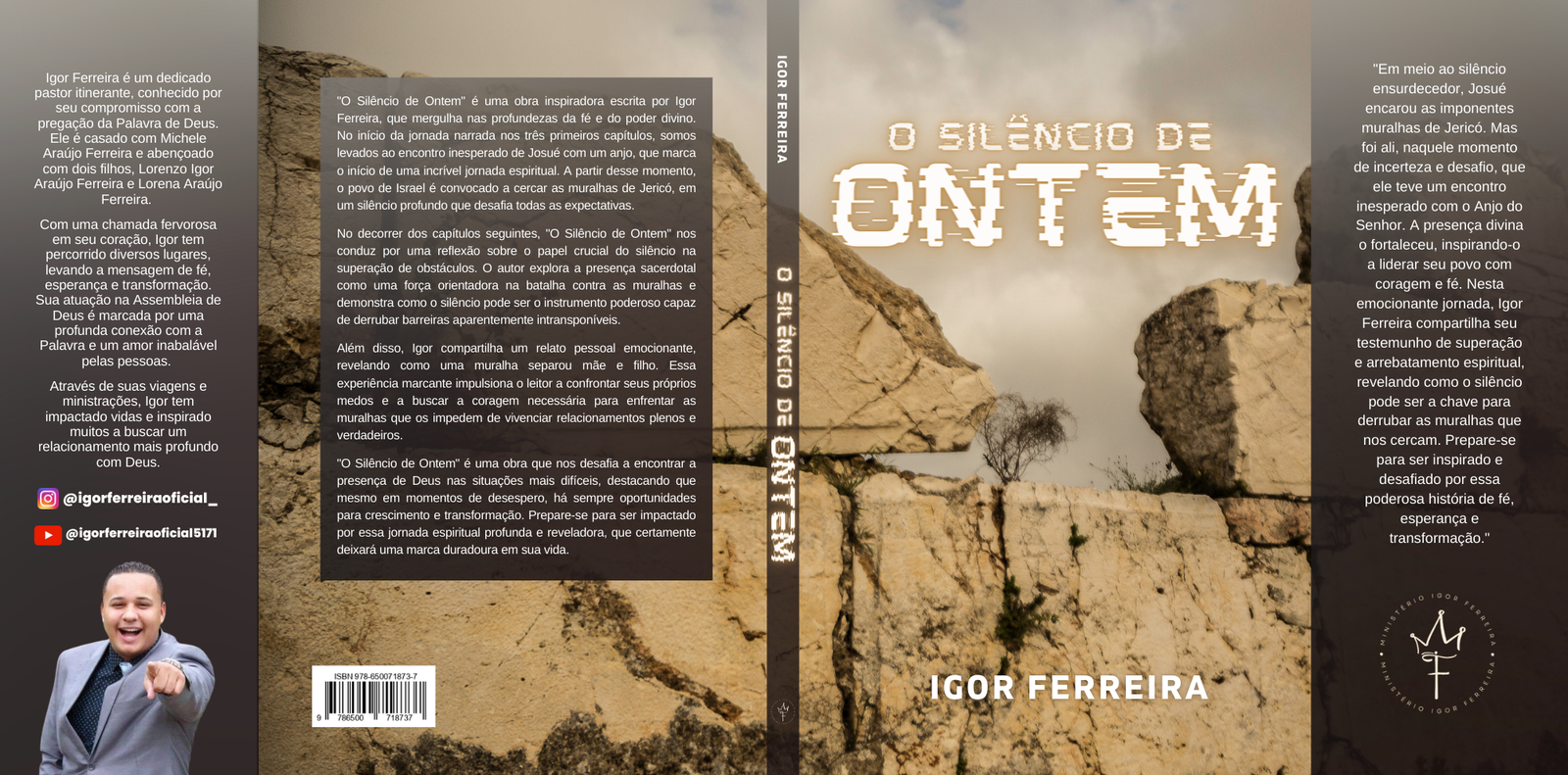 Capa do livro 'O Silêncio de Ontem' de Igor Ferreira. A imagem central mostra um deserto rochoso. A contracapa inclui a biografia do autor e um resumo do livro. A lombada contém o título e o nome do autor.