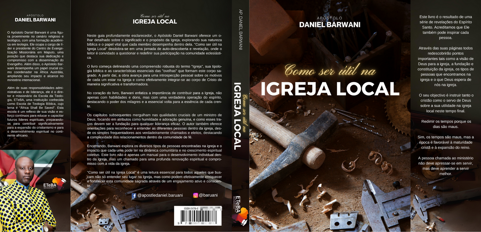 Capa do livro 'Como Ser Útil na Igreja Local' do Apóstolo Daniel Barwani. A imagem central mostra ferramentas de carpintaria. A contracapa inclui a biografia do autor e um resumo do livro. A lombada contém o título e o nome do autor.