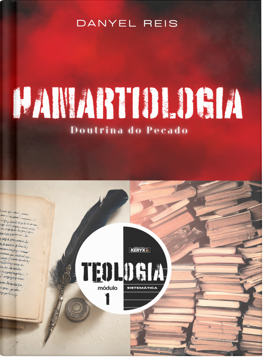 Capa do livro 'Hamartiologia: Doutrina do Pecado' de Danyel Reis. A parte superior tem um fundo vermelho com o título em letras brancas. A parte inferior mostra uma pena, um livro aberto e uma pilha de livros, com um CD de 'Teologia' ao centro