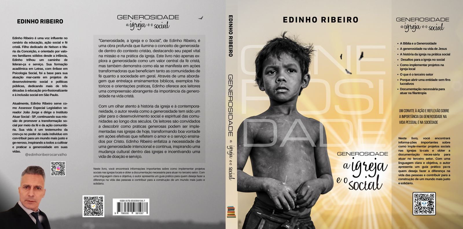 Capa do livro 'Generosidade: A Igreja e o Social' de Edinho Ribeiro. A imagem central mostra um menino de aparência pobre. A contracapa inclui a biografia do autor e um resumo do livro. A lombada contém o título e o nome do autor.