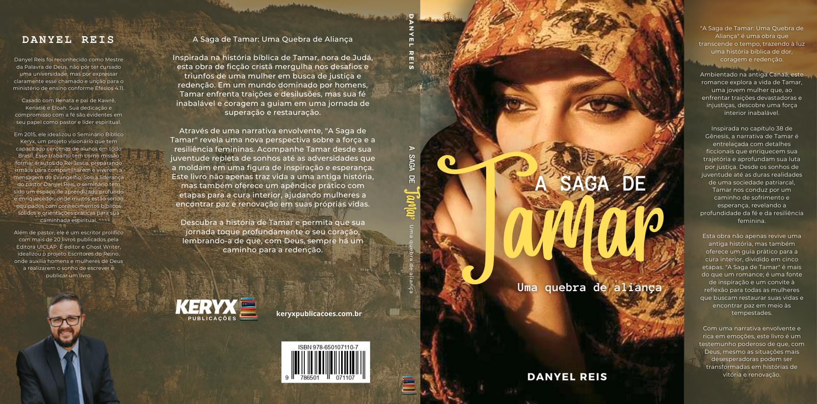 Capa do livro 'A Saga de Tamar: Uma Quebra de Aliança' de Danyel Reis. A imagem central mostra uma mulher com véu cobrindo parte do rosto. A contracapa inclui a biografia do autor e um resumo do livro. A lombada contém o título e o nome do autor.