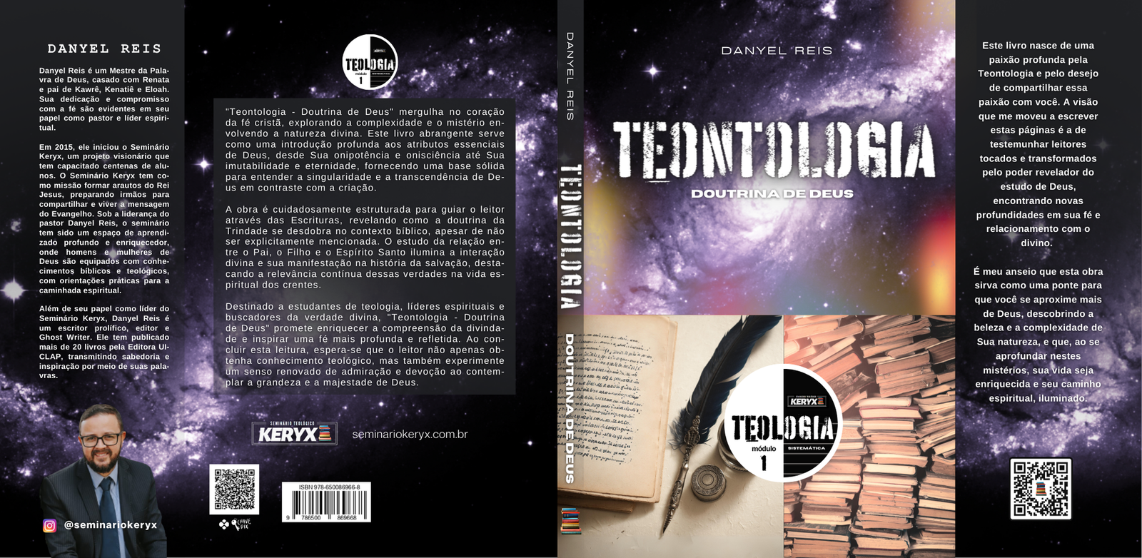 Capa do livro 'Teontologia: Doutrina de Deus' de Danyel Reis. A imagem central mostra um fundo de galáxia roxa. A contracapa inclui a biografia do autor e um resumo do livro. A lombada contém o título e o nome do autor.