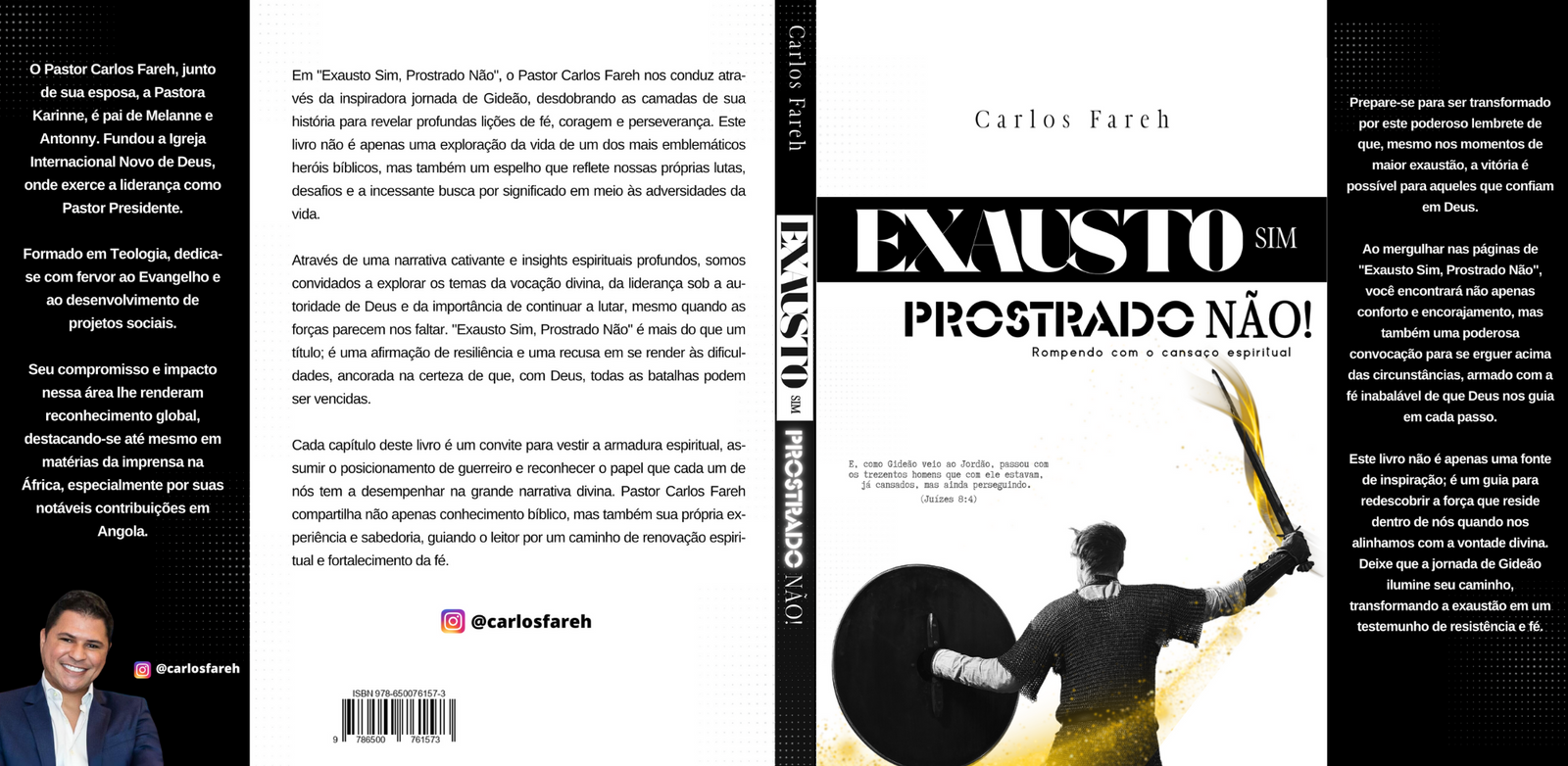 Capa do livro 'Exausto Sim, Prostrado Não! Rompendo com o Cansaço Espiritual' de Carlos Fareh. A imagem central mostra um homem levantando um peso. A contracapa inclui a biografia do autor e um resumo do livro. 