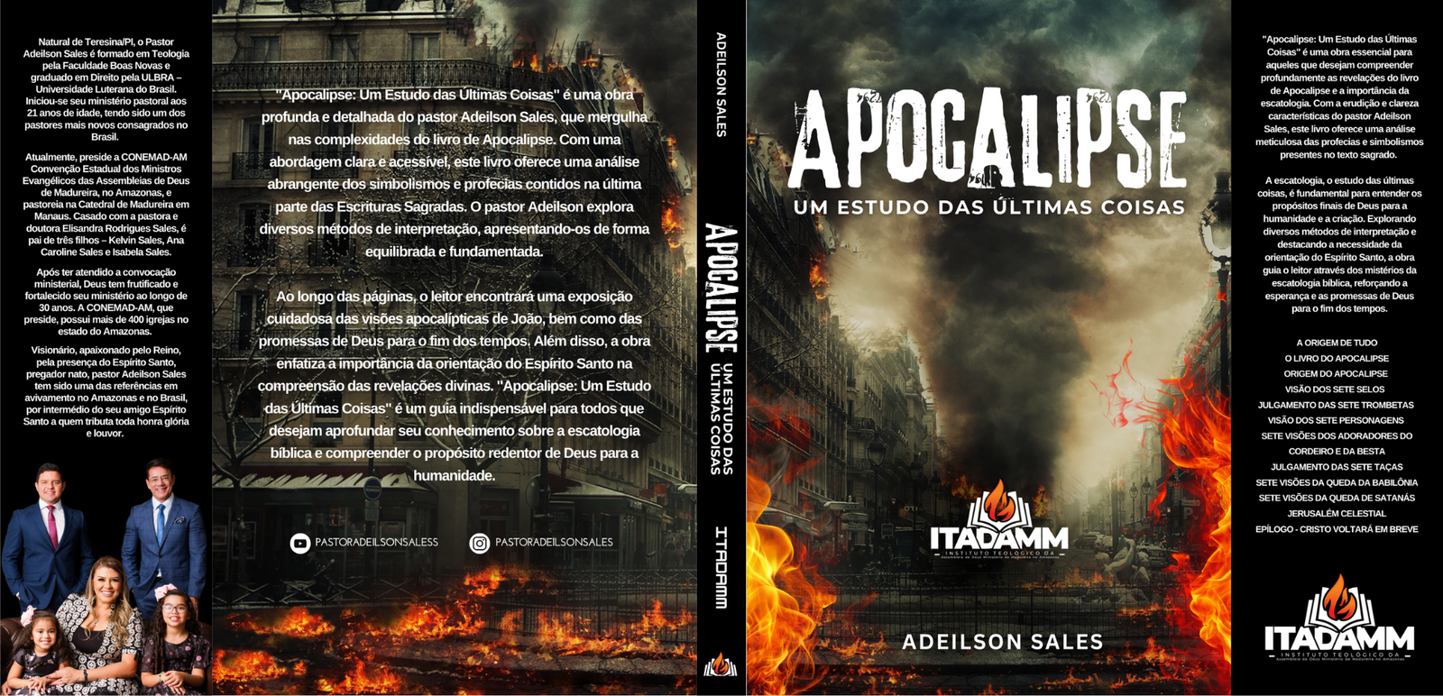 Capa do livro 'Apocalipse: Um Estudo das Últimas Coisas' de Adeilson Sales. A imagem mostra uma cidade em chamas. A contracapa inclui a biografia do autor e um resumo do livro. A lombada contém o título e o nome do autor.