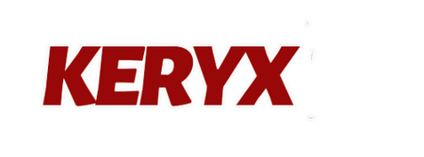 Logotipo da Keryx Publicações com fundo de livros. O logotipo apresenta o nome 'Keryx' em letras maiúsculas vermelhas, com a palavra 'Publicações' abaixo em letras brancas. À direita, há uma pilha de livros coloridos.