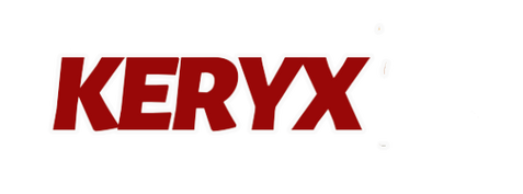 Logotipo da Keryx Publicações com fundo de livros. O logotipo apresenta o nome 'Keryx' em letras maiúsculas vermelhas, com a palavra 'Publicações' abaixo em letras brancas. À direita, há uma pilha de livros coloridos.