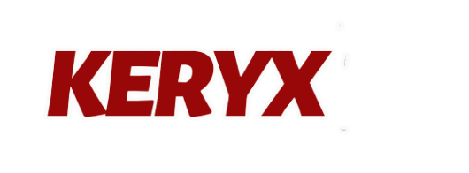 Logotipo da Keryx Publicações com fundo de livros. O logotipo apresenta o nome 'Keryx' em letras maiúsculas vermelhas, com a palavra 'Publicações' abaixo em letras brancas. À direita, há uma pilha de livros coloridos.